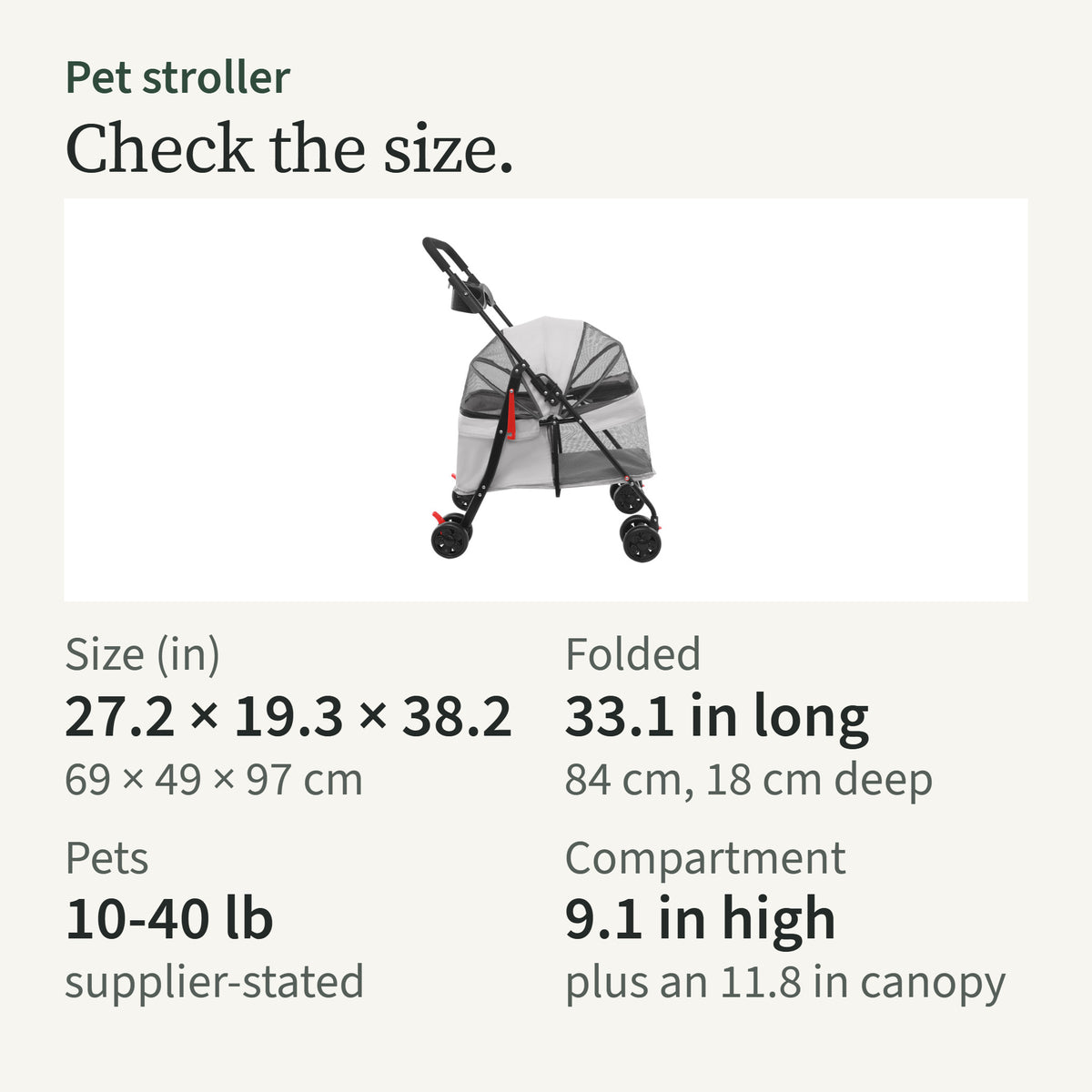 Size card: 27.2 by 19.3 by 38.2 in, folds to 33.1 in long; pets 10-40 lb supplier-stated