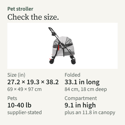 Size card: 27.2 by 19.3 by 38.2 in, folds to 33.1 in long; pets 10-40 lb supplier-stated