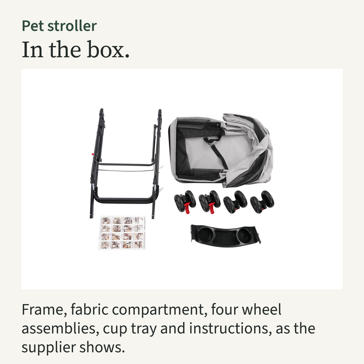 The stroller frame, grey fabric compartment, four wheel assemblies, cup tray and instruction sheet laid out