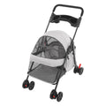 Grey four-wheel pet stroller with a mesh dome canopy, cup tray and basket