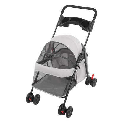 Grey four-wheel pet stroller with a mesh dome canopy, cup tray and basket