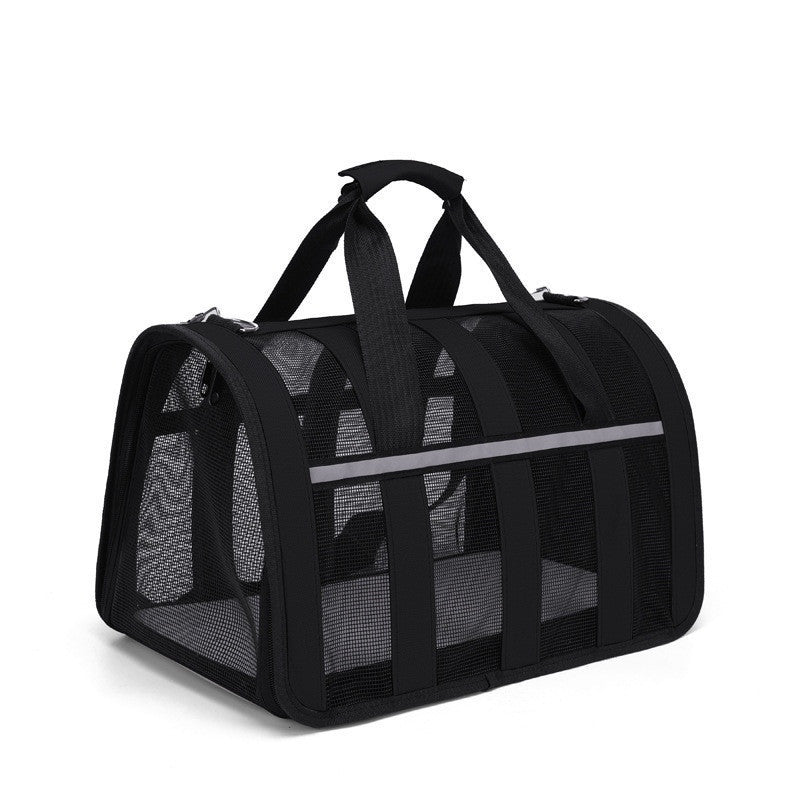 Black mesh soft pet carrier with two top handles and a grey reflective strip