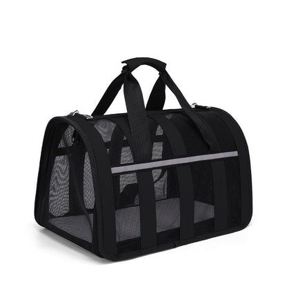 Black mesh soft pet carrier with two top handles and a grey reflective strip
