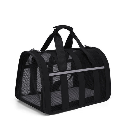 Black mesh soft pet carrier with two top handles and a grey reflective strip