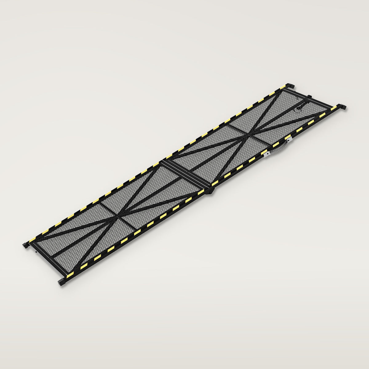Black folding steel dog ramp with mesh deck and yellow reflective strips, 20 in version