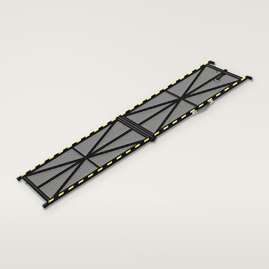 Black folding steel dog ramp with mesh deck and yellow reflective strips, 20 in version