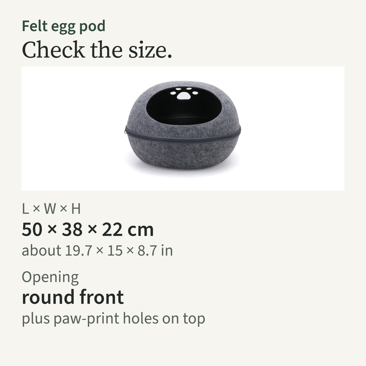 Size card: 50 by 38 by 22 cm; round front opening and paw-print holes on top