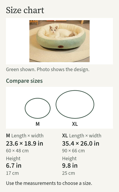 Size chart comparing sizes M, XL: M 23.6 by 18.9 in; XL 35.4 by 26.0 in; green shown