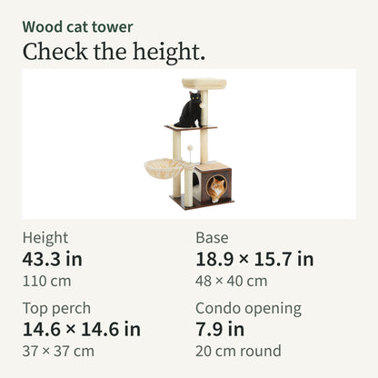 Height card: 43.3 in (110 cm) tall, base 18.9 by 15.7 in, top perch 14.6 by 14.6 in, condo opening 7.9 in round