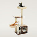 Three-level wood cat tower in brown and cream with a top perch, platform, basket and cube condo, two cats