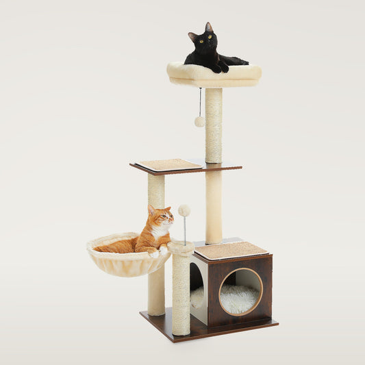 Three-level wood cat tower in brown and cream with a top perch, platform, basket and cube condo, two cats