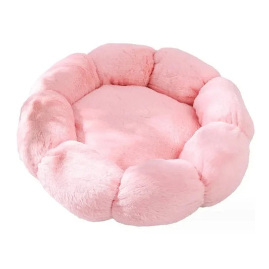 Round pink plush cat bed with a ring of puffy petal-shaped lobes