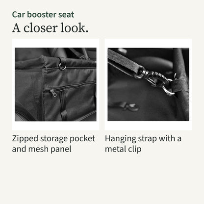 Close-ups of the zipped storage pocket with the mesh panel, and a hanging strap clipped to the rim with a metal clip