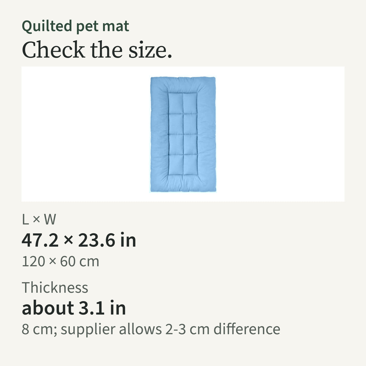 Size card: 47.2 by 23.6 in (120 by 60 cm), about 3.1 in (8 cm) thick