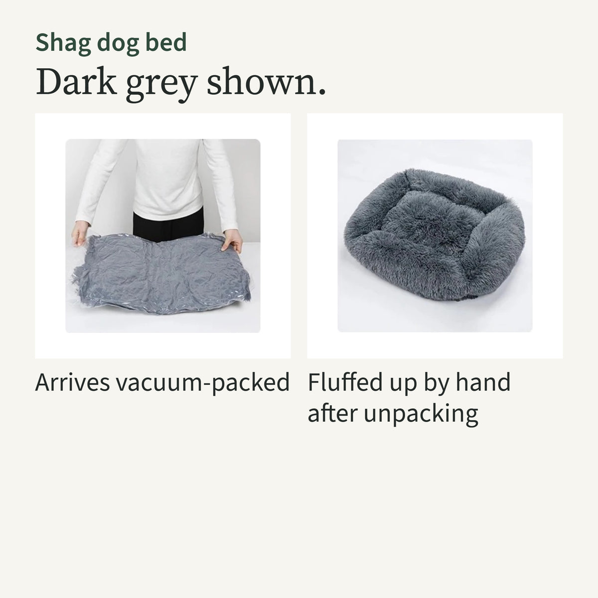 Hands lifting the vacuum-packed dark grey bed from its bag, and the same bed fluffed up