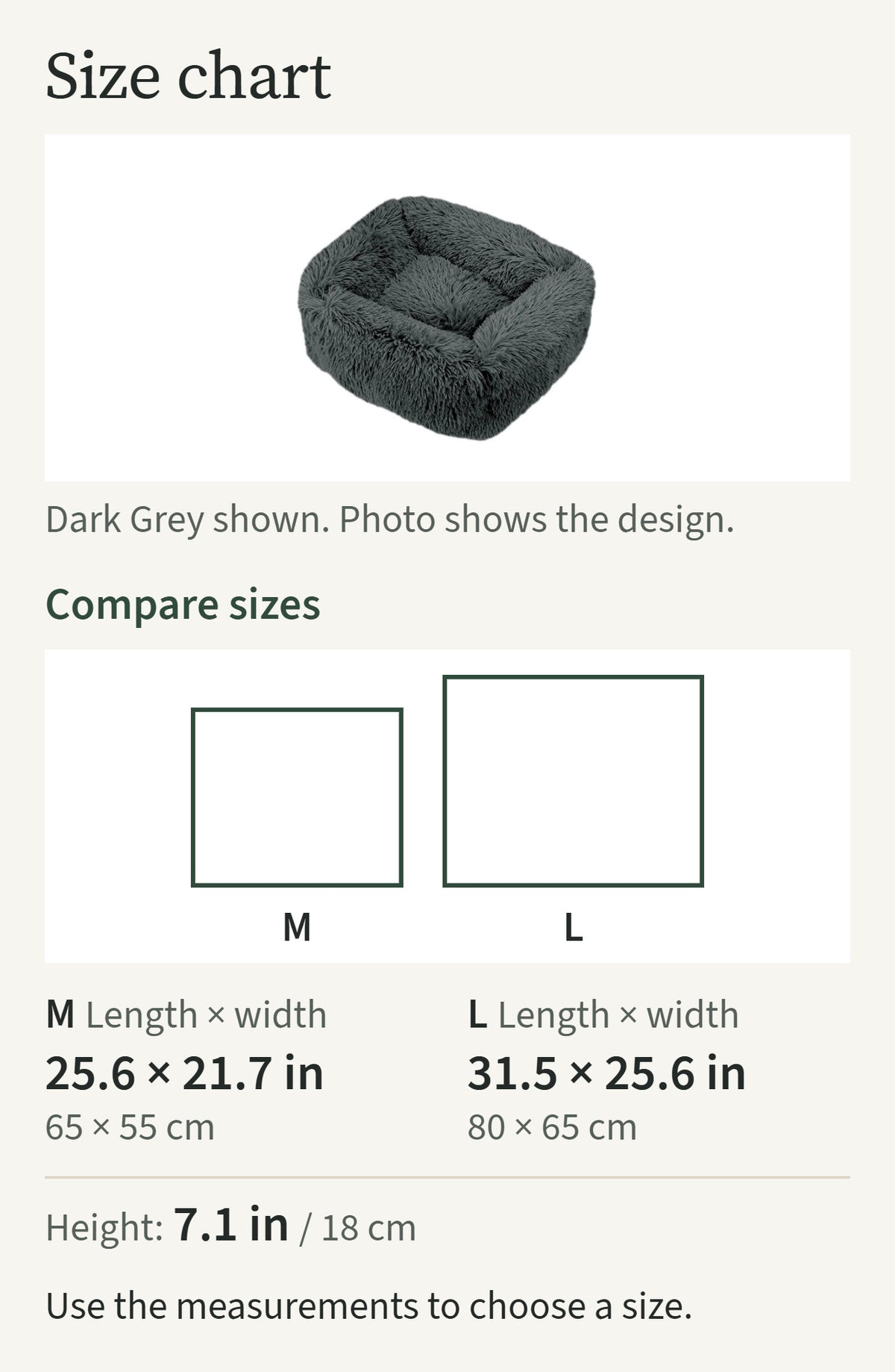 Size chart comparing sizes M, L: M 25.6 by 21.7 in; L 31.5 by 25.6 in; dark grey shown