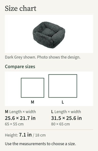 Size chart comparing sizes M, L: M 25.6 by 21.7 in; L 31.5 by 25.6 in; dark grey shown