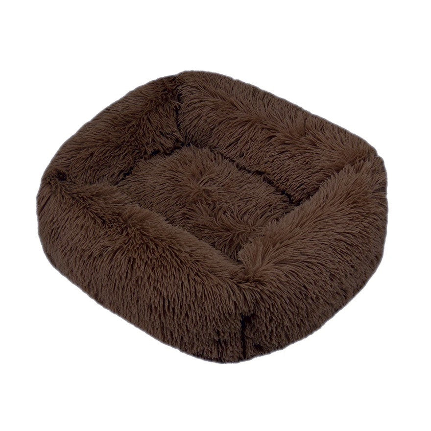 Deep brown rectangular long-shag plush dog bed with raised sides