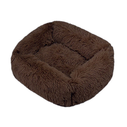 Deep brown rectangular long-shag plush dog bed with raised sides