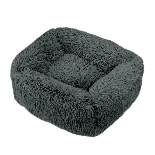 Dark Grey rectangular long-shag plush dog bed with raised sides