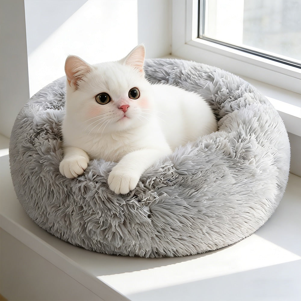 A white cat lies in the grey shag donut bed on a sunny windowsill