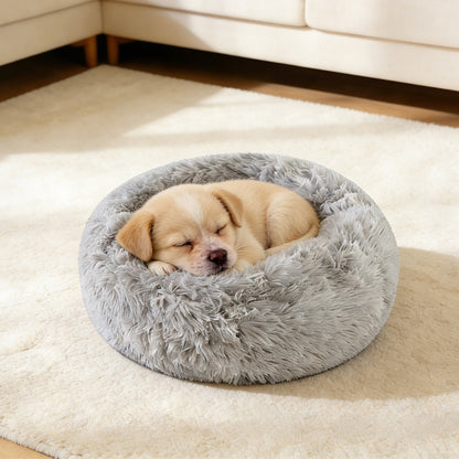 A tan puppy sleeps curled up in the grey shag donut bed on a cream rug
