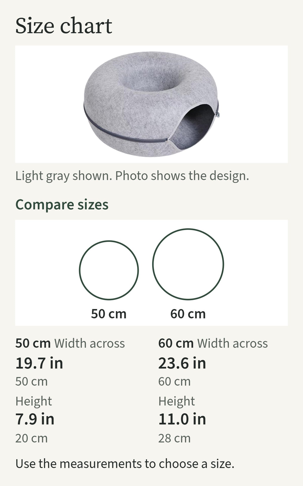 Size chart comparing sizes 50 cm, 60 cm: 50 cm 19.7 in; 60 cm 23.6 in; light gray shown