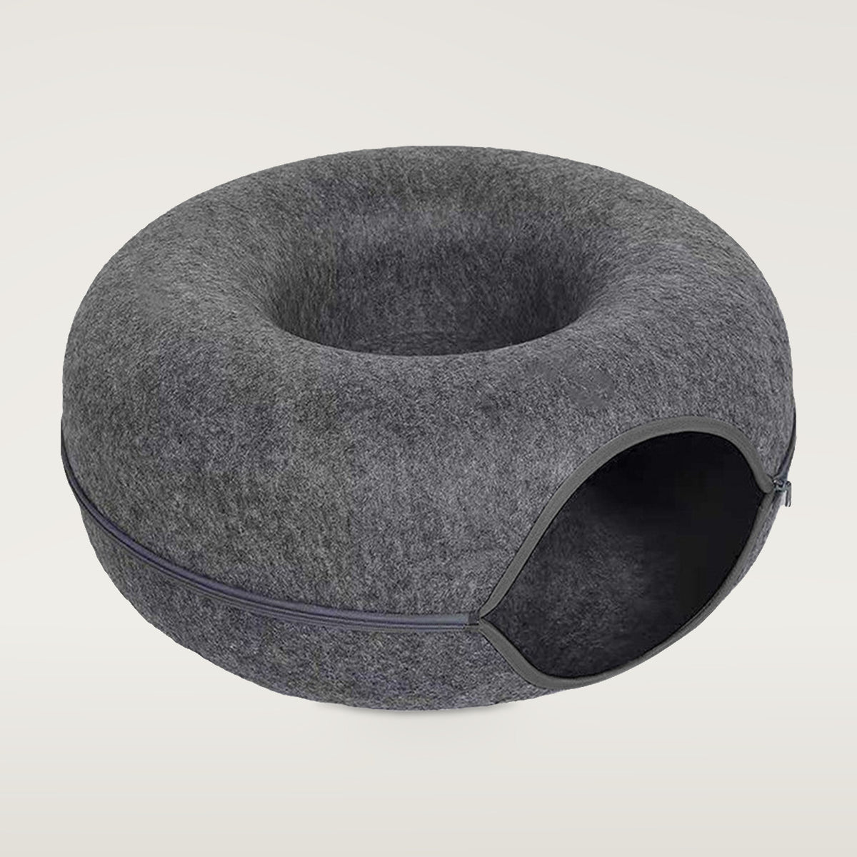 Dark gray round felt cat tunnel bed with a side opening and a zip around the middle