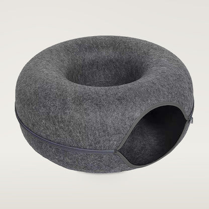 Dark gray round felt cat tunnel bed with a side opening and a zip around the middle