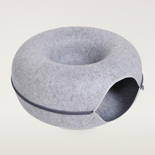 Light gray round felt cat tunnel bed with a side opening and a zip around the middle