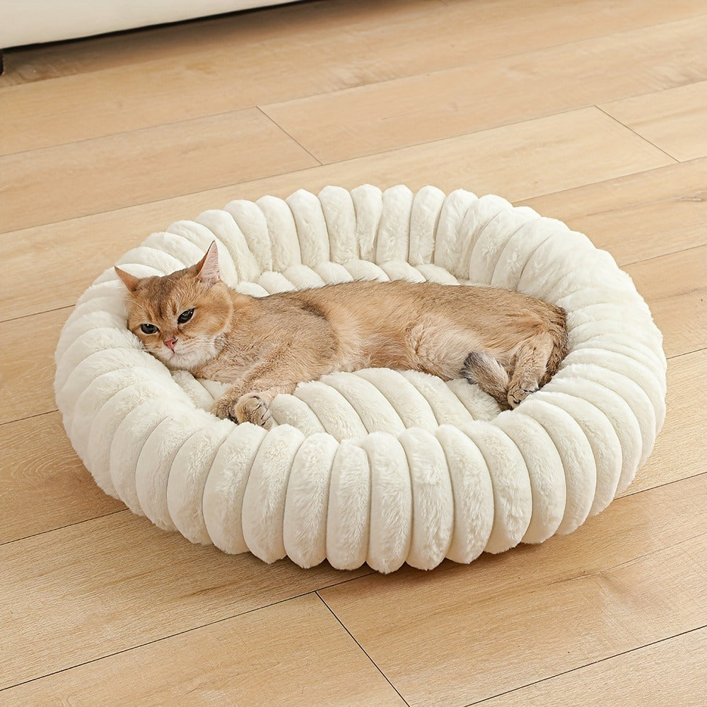 A ginger cat lies in a round cream plush bed with a tube-segment rim on a wooden floor