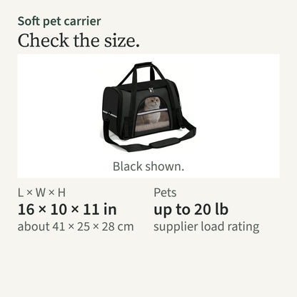 Size card: 16 by 10 by 11 in; pets up to 20 lb, supplier load rating