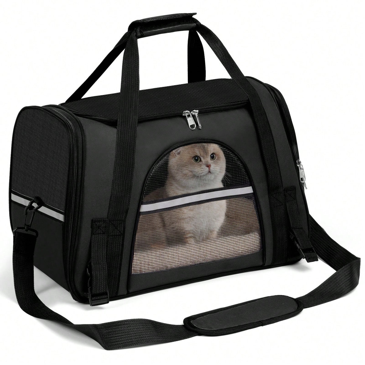 Black soft-sided pet carrier tote with black trim, mesh windows and a shoulder strap