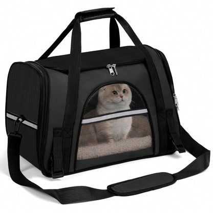 Black soft-sided pet carrier tote with black trim, mesh windows and a shoulder strap