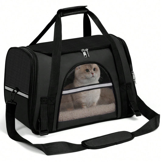 Black soft-sided pet carrier tote with black trim, mesh windows and a shoulder strap