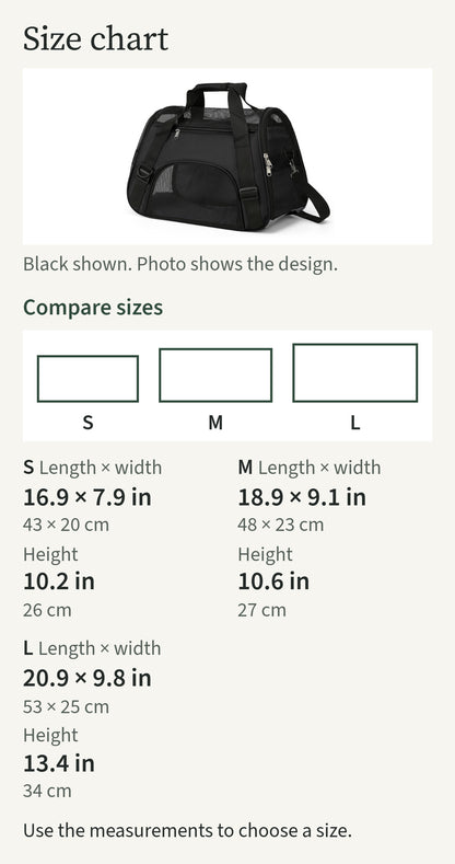 Size chart comparing sizes S, M, L: S 16.9 by 7.9 in; M 18.9 by 9.1 in; L 20.9 by 9.8 in; black shown