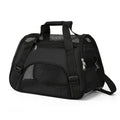 Black soft pet carrier with mesh side panels, two carry handles and a shoulder strap