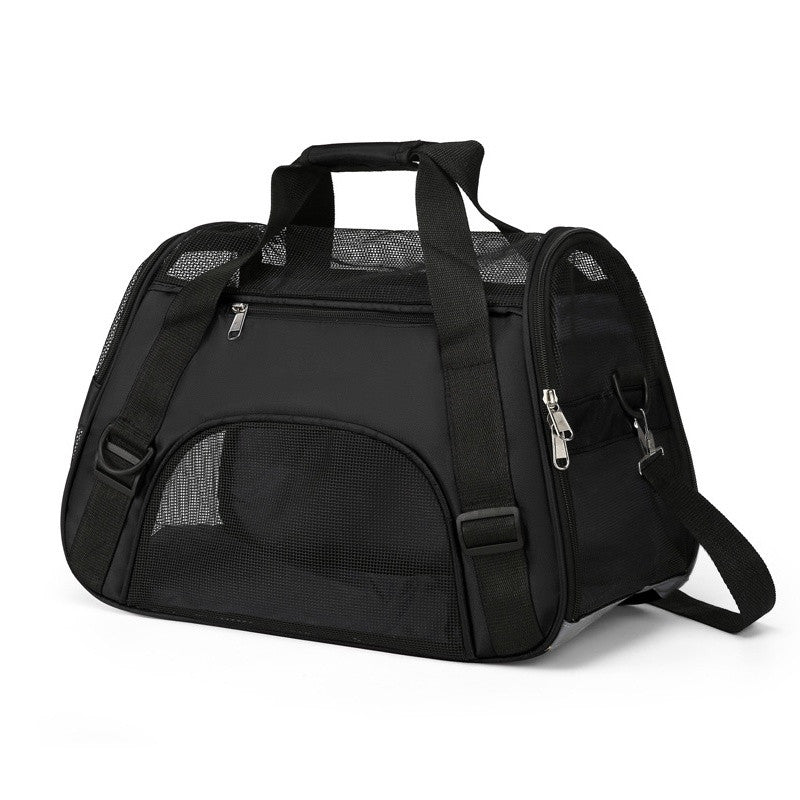 Black soft pet carrier with mesh side panels, two carry handles and a shoulder strap