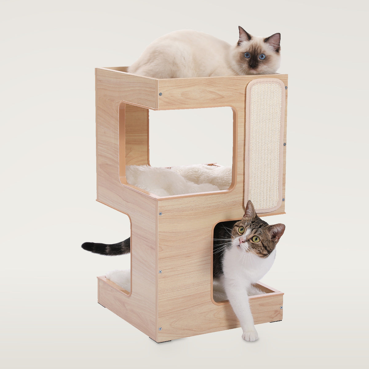 Natural wood two-level cat condo with two cats and a vertical scratching panel on the side