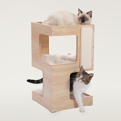 Natural wood two-level cat condo with two cats and a vertical scratching panel on the side