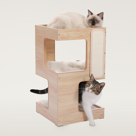 Natural wood two-level cat condo with two cats and a vertical scratching panel on the side