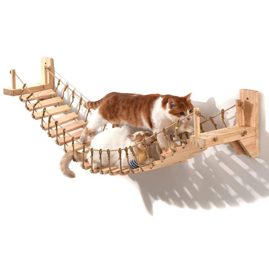 Orange and white cat walking across a wall-mounted bridge of wooden slats and rope