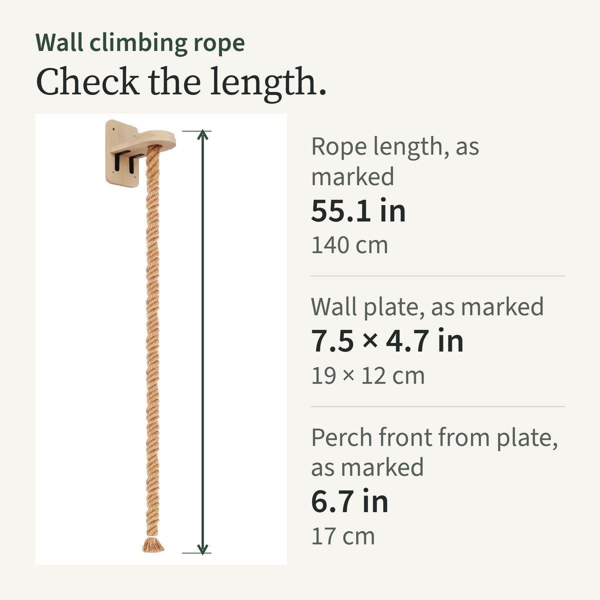 Length card: rope 55.1 in (140 cm), wall plate 19 by 12 cm, perch front 17 cm from the plate, as marked by the supplier