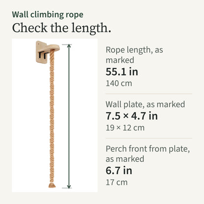 Length card: rope 55.1 in (140 cm), wall plate 19 by 12 cm, perch front 17 cm from the plate, as marked by the supplier