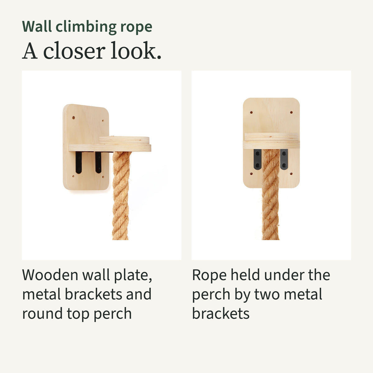 Close-ups of the plywood wall plate with its metal brackets and round top perch, and the rope held under the perch