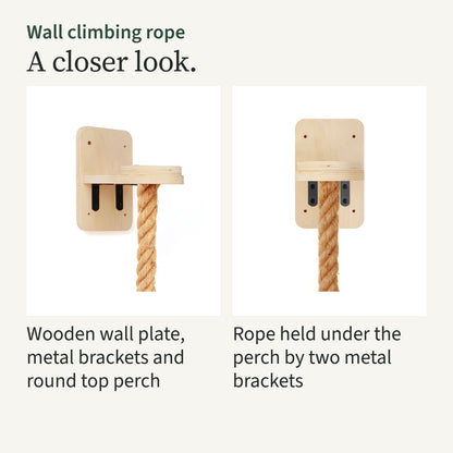 Close-ups of the plywood wall plate with its metal brackets and round top perch, and the rope held under the perch