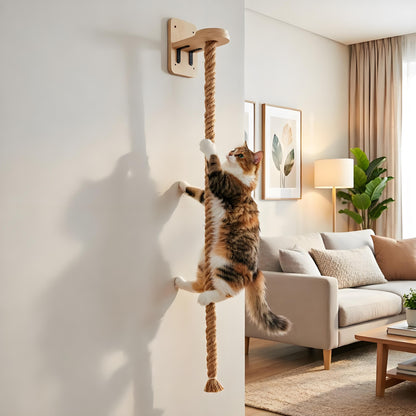 Sisal climbing rope with a wooden top perch mounted on a living-room wall, a cat climbing it