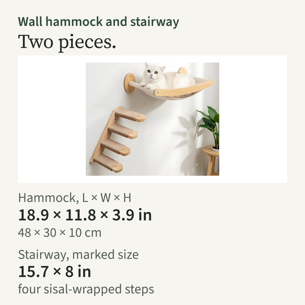 Card: hammock 18.9 by 11.8 by 3.9 in; stairway marked size 15.7 by 8 in, four sisal steps