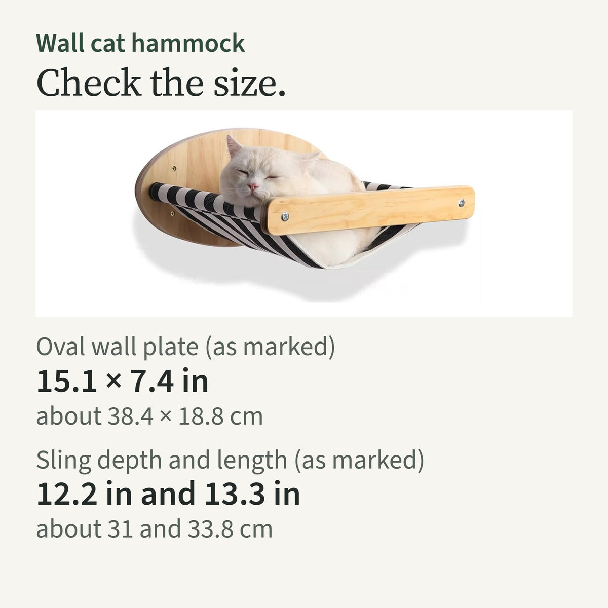 Size card: oval wall plate 15.1 by 7.4 in; sling 12.2 in deep and 13.3 in long, as marked