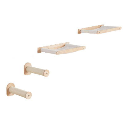 Two hammock shelves and two sisal-wrapped posts in natural wood on a white background